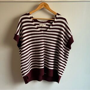 LOFT Burgundy and White Striped V-Neck Sweater
